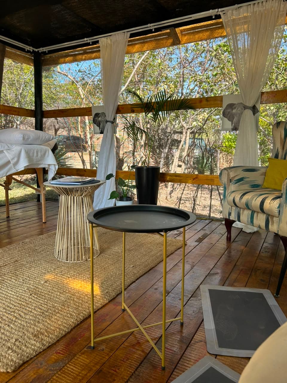 A side table and potted palm on the spa sala deck, with the massage table behind