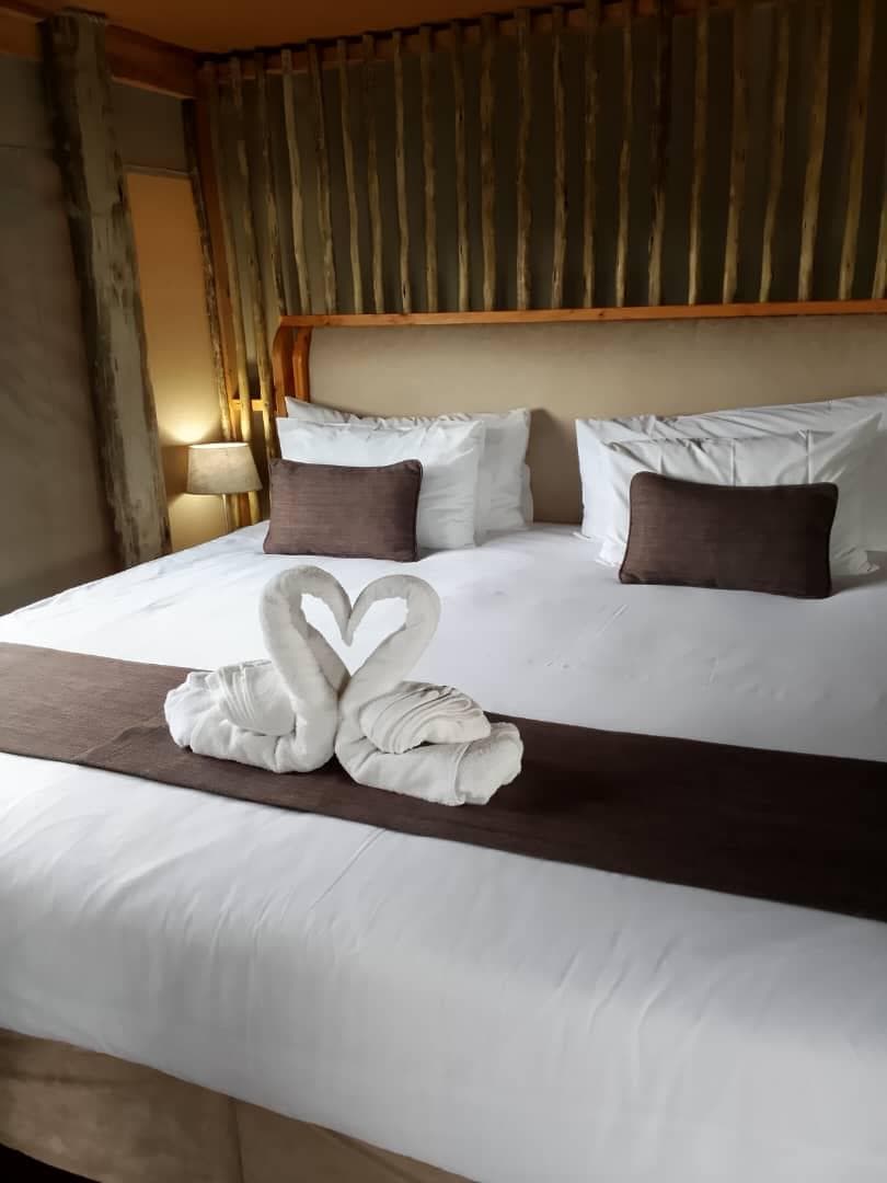 Towels folded into two swans forming a heart on a turned-down bed